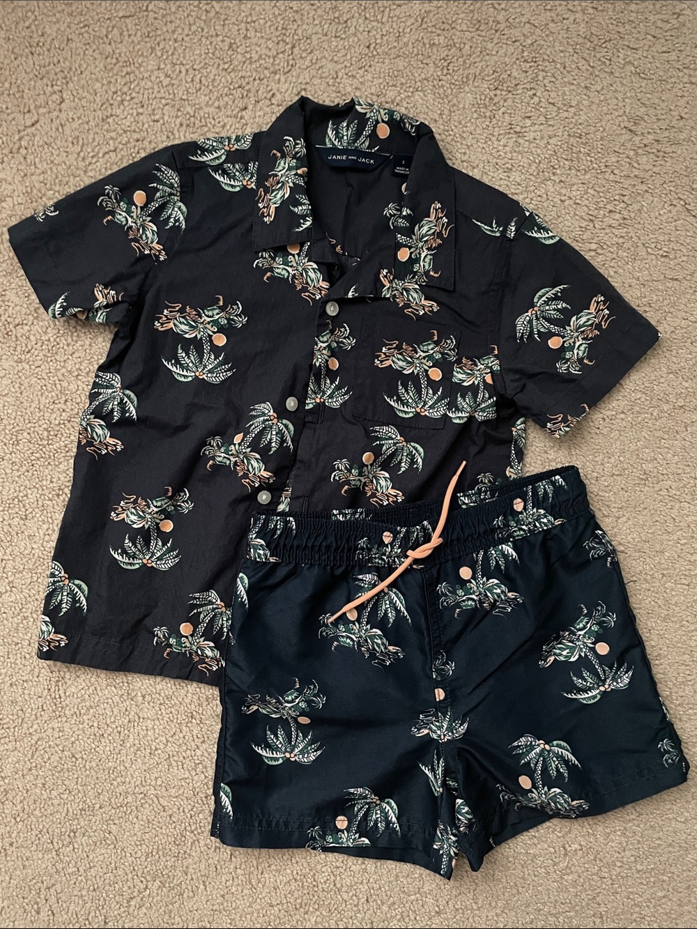 Janie and Jack Navy Palm Tree Print Matching Shirt and Shorts Set